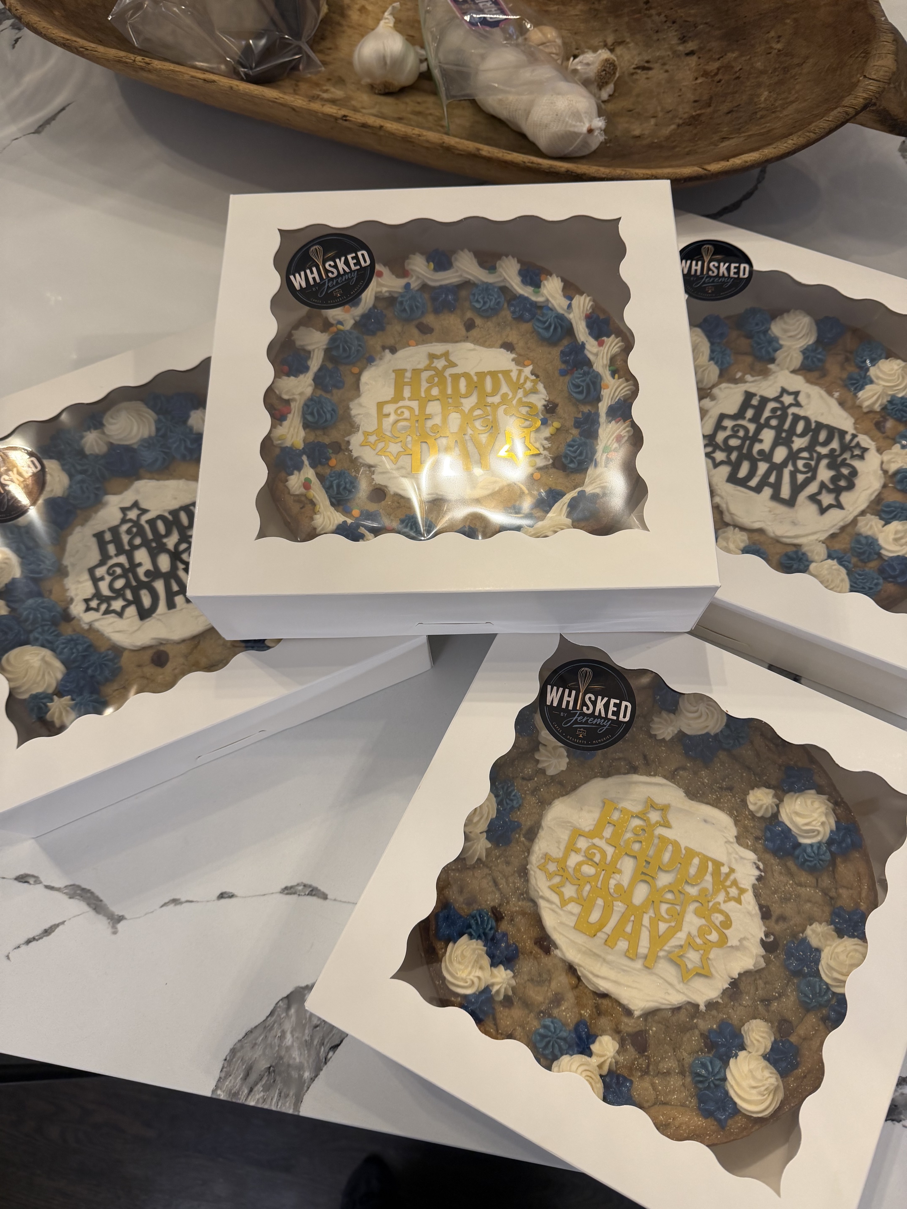 Father's Day decorated cookie cakes in Whisked By Jeremy boxes